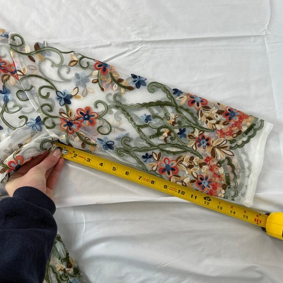 Yushi Floral Embroidered Sheer Mesh Tunic Top White Red Green Colorful Boho M - Picture 7 of 8